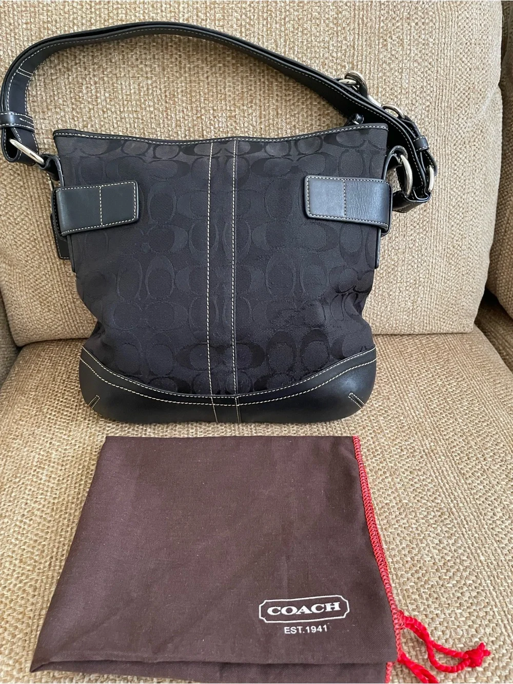 Coach Black Signature Canvas Hobo Bag with Silver Buckle Accents